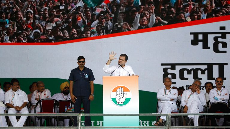 Opposition Congress party leader Rahul Gandhi addressing crowds  Pic: AP  