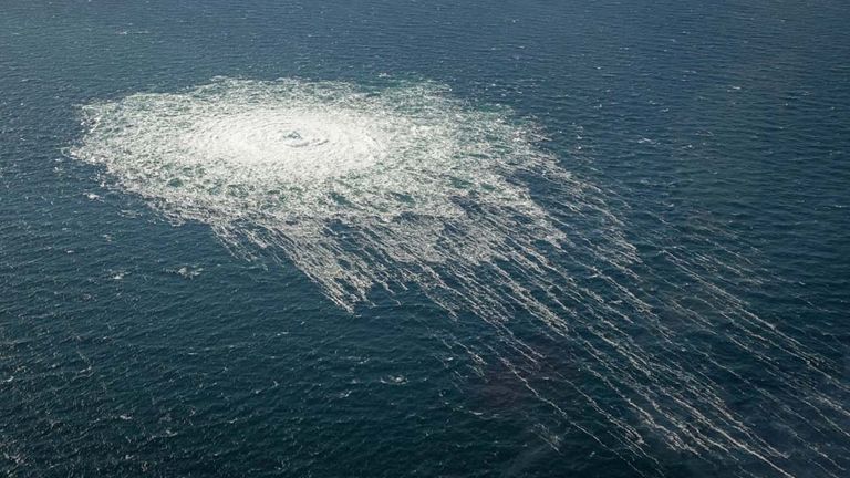 The gas leak at Nord Stream 2 seen from the Danish F-16 interceptor on Bornholm. Photo: Danish Defence