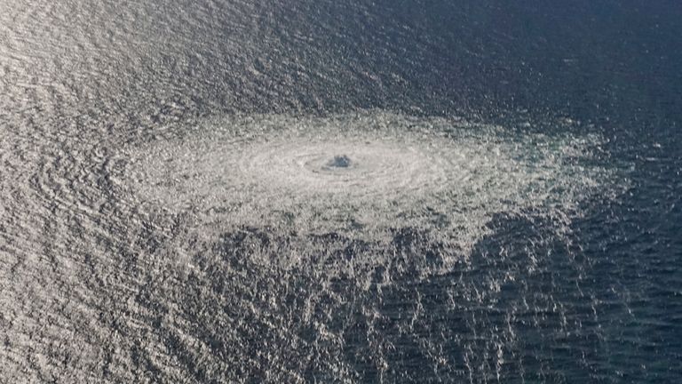 A large disturbance was seen in the sea off the coast of the Danish island of Bornholm following a series of unusual leaks on two natural gas pipelines. Pic: AP