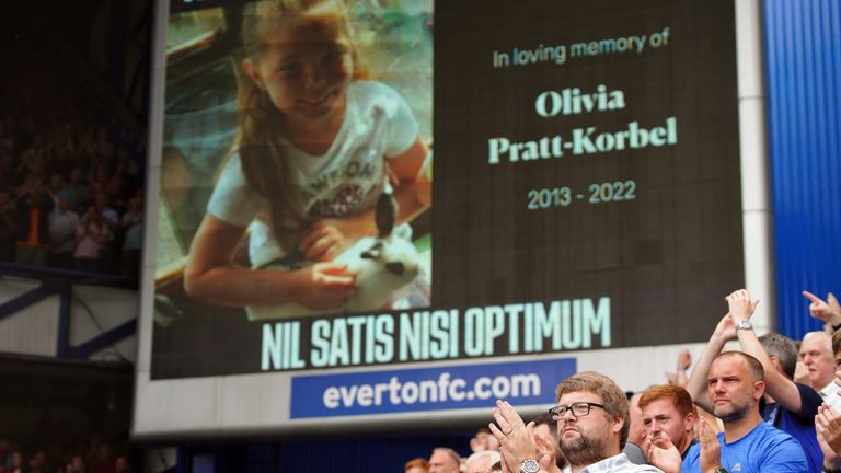 A memorial to Olivia Pratt-Korbel on the big screen during the Premier League match at Goodison Park, Liverpool. Picture date: Saturday September 3, 2022.

