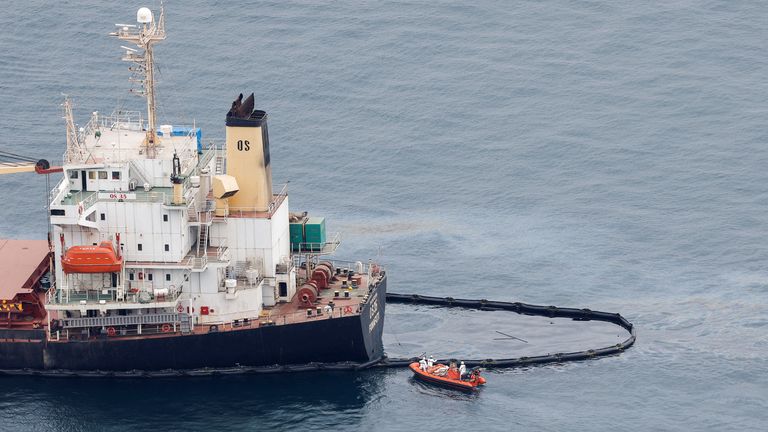 Oil leaking from bulk carrier cargo ship OS 35  off Gibraltar after a  tanker collision