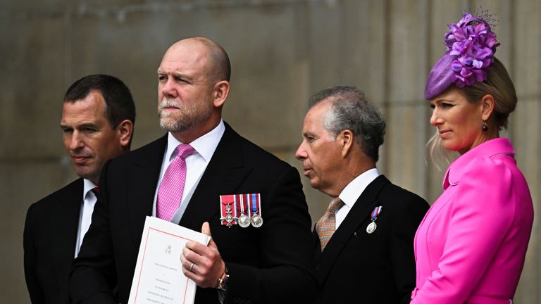 Peter Phillips, Zara Tindall and her husband Mike Tindall leave after attending the National Service of Thanksgiving at St Paul&#39;s Cathedral during the Queen&#39;s Platinum Jubilee celebrations in London, Britain, June 3, 2022. REUTERS/Dylan Martinez