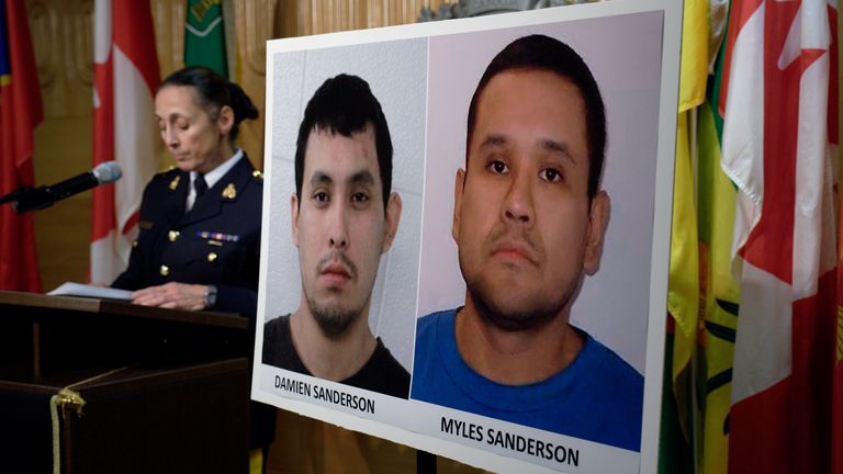 Assistant Commissioner Rhonda Blackmore speaks next to images of Damien Sanderson and Myles Sanderson during a press conference at the Royal Canadian Mounted Police "F" Division headquarters in Regina, Saskatchewan, on Sunday, Sept. 4, 2022.  
PIC:AP