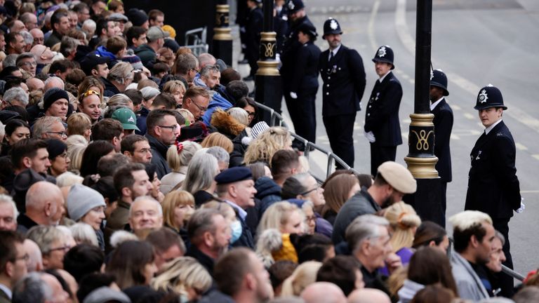 Police officers stand guard on the day of the state funeral and burial of Britain&#39;s Queen Elizabeth, in London, Britain, September 19, 2022.   REUTERS/Alkis Konstantinidis/Pool