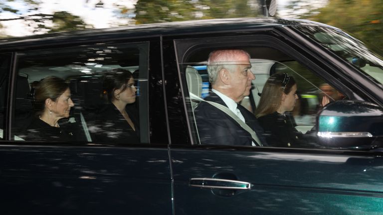 Britain&#39;s Prince Andrew drives members of the royal family as they leave Balmoral Castle to go to the Crathie Kirk church, following the passing of Britain&#39;s Queen Elizabeth, in Balmoral, Scotland, Britain, September 10, 2022.REUTERS/Russell Cheyne

