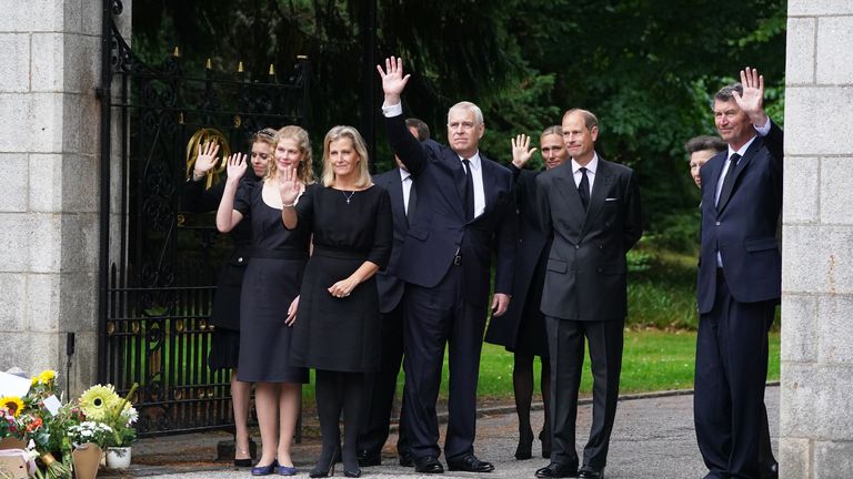 Left-right) Princess Beatrice, Lady Louise Windsor, the Countess of Wessex, Peter Phillips (hidden), the Duke of York, Zara Tindall, the Earl of Wessex, the Princess Royal and Vice Admiral Timothy Laurence wave to well-wishers outside Balmoral in Scotland