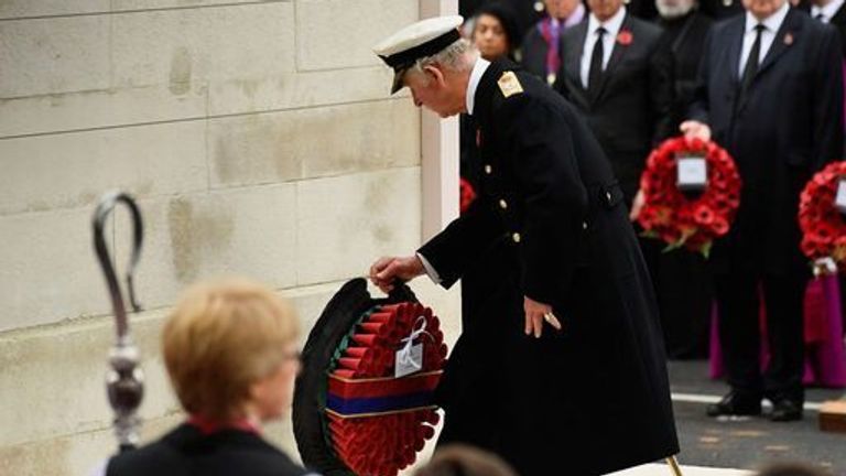 Prince Charles lays a wreath at the Cenotaph for the absent Queen on 14 November 2021