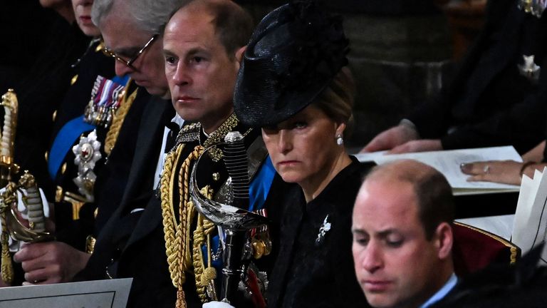 Prince Edward, Earl of Wessex and Britain's Sophie, Countess of Wessex attend the Queen's funeral with Prince William, Prince of Wales and Catherine, Princess of Wales