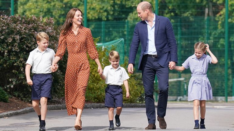 EMBARGOED TO 2230 BST WEDNESDAY SEPTEMBER 7 Prince George, Princess Charlotte and Prince Louis, accompanied by their parents the Duke and Duchess of Cambridge, arrive for a settling in afternoon at Lambrook School, near Ascot in Berkshire. The settling in afternoon is an annual event held to welcome new starters and their families to Lambrook and takes place the day before the start of the new school term. Picture date: Wednesday September 7, 2022.