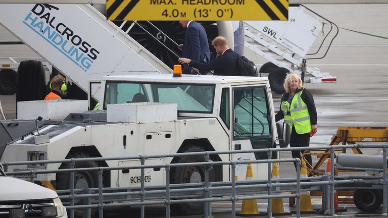 British Prince Harry board aircraft at Aberdeen International Airport after overflight of british queen elizabeth, in Aberdeen, UK, September 9, 2022 REUTERS/Phil Noble
