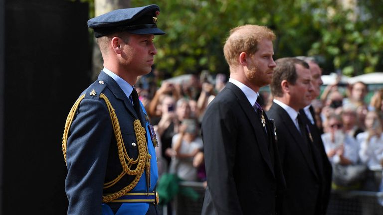 LONDON, ENGLAND - SEPTEMBER 14: Prince William, Prince of Wales and Prince Harry, Duke of Sussex walk behind the coffin during the procession for the Lying-in State of Queen Elizabeth II on September 14, 2022 in London, England.  Chris J Ratcliffe/Pool via REUTERS