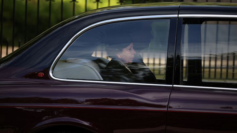 Britain's Princess Anne accompanies the hearse carrying the coffin of Britain's Queen Elizabeth departs Balmoral Castle, in Balmoral, Scotland, Britain September 11, 2022. REUTERS/Phil Noble

