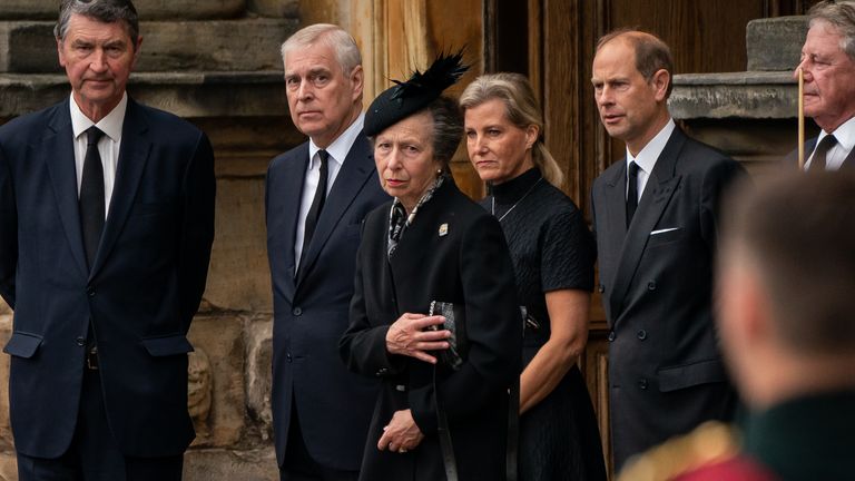 (left to right) Vice Admiral Timothy Laurence, the Duke of York, the Princess Royal, the Countess of Wessex and the Earl of Wessex watch as the coffin of Queen Elizabeth II, draped with the Royal Standard of Scotland, completes its journey from Balmoral to the Palace of Holyroodhouse in Edinburgh, where it will lie in rest for a day. Picture date: Sunday September 11, 2022.
