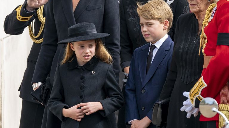 Princess Charlotte, the Princess of Wales, the Countess of Wessex, Prince George and the Queen Consort as the State Gun Carriage carrying the coffin of Queen Elizabeth II arrives at Wellington Arch during the Ceremonial Procession following her State Funeral at Westminster Abbey, London.