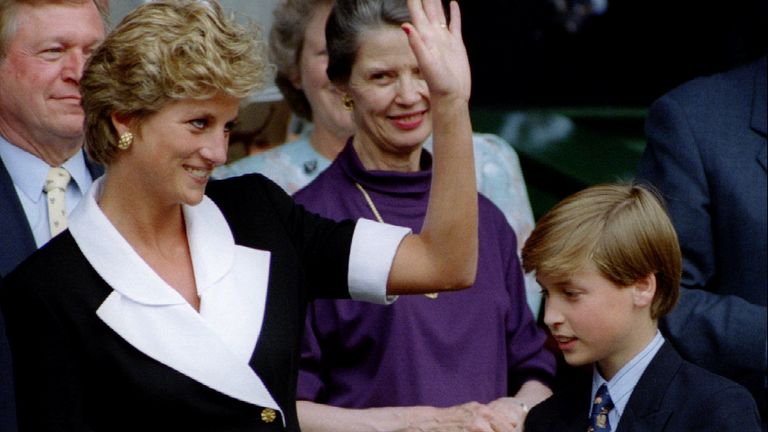 FILE PHOTO: The Princess of Wales, accompanied by her son Prince William, arrives at Wimbledon's Center Court before the start of the women's singles final July 2/file photo