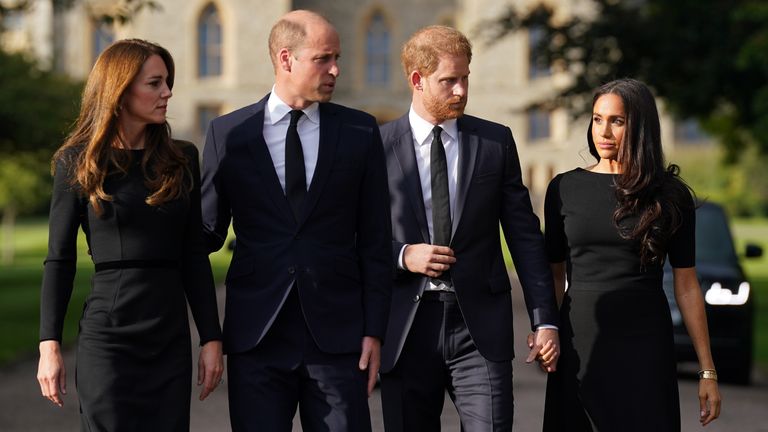 The Princess of Wales, the Prince of Wales and the Duke and Duchess of Sussex meeting members of the public at Windsor Castle in Berkshire following the death of Queen Elizabeth II on Thursday. Picture date: Saturday September 10, 2022.
