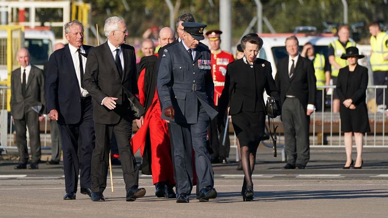 Britain&#39;s Anne, The Princess Royal arriving at Edinburgh Airport as she accompanies the coffin of Queen Elizabeth II  on its journey from Edinburgh to Buckingham Palace, London, where it will lie at rest. Picture date: Tuesday September 13, 2022.    Andrew Milligan/Pool via REUTERS
