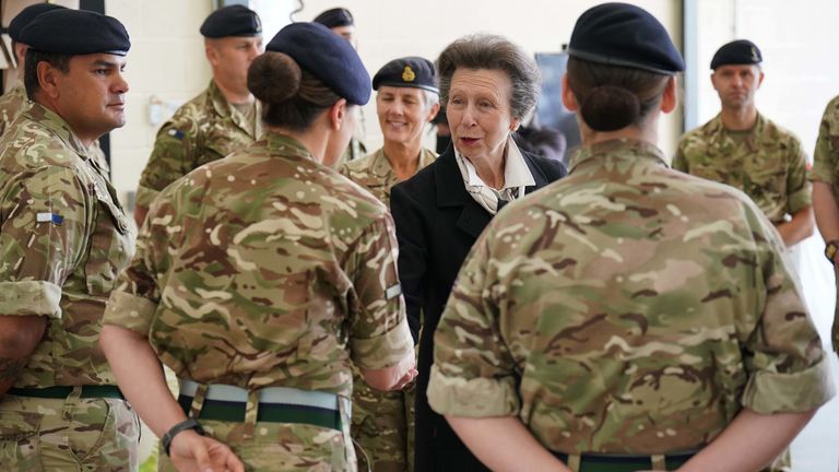 The Princess Royal, as Colonel-General of both the Royal Logistics Corps and the Royal Signals Corps, meets with individuals from across the Corps at St Omer Barracs, Aldershot, who played a central role in providing logistical support during Queen Elizabeth's tenure.  Second funeral and other ceremonial duties.  Photo date: Thursday, September 22, 2022.