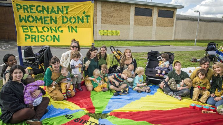 Handout photo dated 24/09/22 of No Babies Behind Bars campaign group staging a protest outside of HMP Bronzefield Prison in Ashford, Surrey. Issue date: Saturday September 24, 2022.

