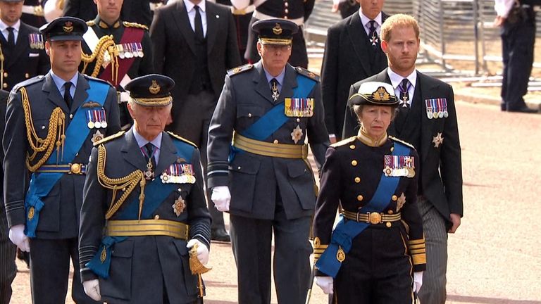 King Charles walked behind his mother&#39;s coffin in a procession with other members of the Royal Family