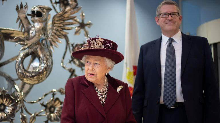 Queen Elizabeth II with Director General Andrew Parker during a visit to the headquarters of MI5 at Thames House in London in 2020
