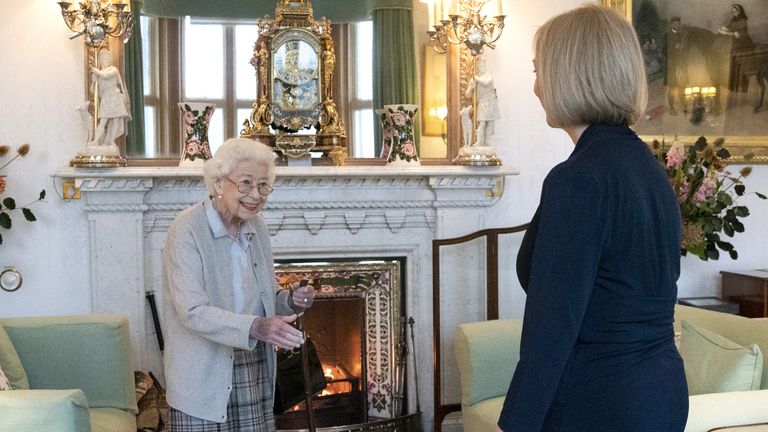 Queen Elizabeth II welcomes Liz Truss during an audience at Balmoral, Scotland, where she invited the newly elected leader of the Conservative party to become Prime Minister and form a new government. Picture date: Tuesday September 6, 2022.
