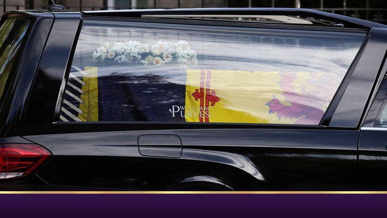 The hearse carrying the coffin of Britain&#39;s Queen Elizabeth departs Balmoral Castle, in Balmoral, Scotland, Britain September 11, 2022. REUTERS/Phil Noble
