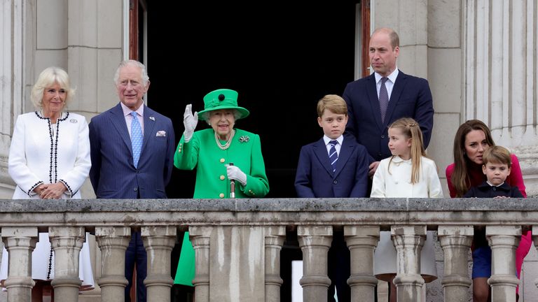 FILE PHOTO: Camilla, Duchess of Cornwall, Prince Charles, Queen Elizabeth, Prince George, Prince William, Princess Charlotte, Prince Louis and Catherine, Duchess of Cambridge stand on the balcony during the Platinum Pageant, marking the end of the celebrations for the Platinum Jubilee of Britain&#39;s Queen Elizabeth, in London, Britain, June 5, 2022. Chris Jackson/Pool via REUTERS/File Photo
