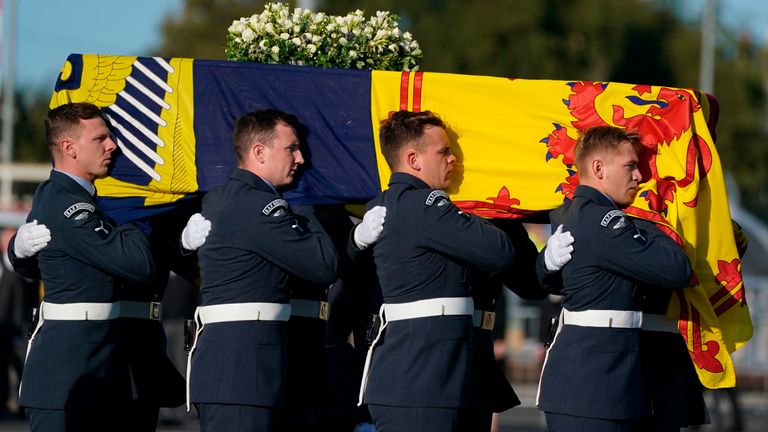 Queen&#39;s coffin at Edinburgh airport. Pic: AP