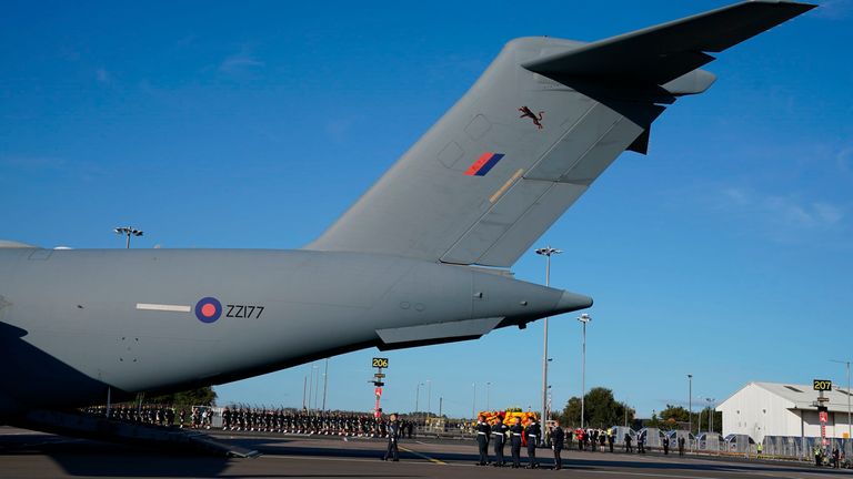 The Queen&#39;s coffin is carried to the RAF aircraft at Edinburgh Airport. Pic: AP