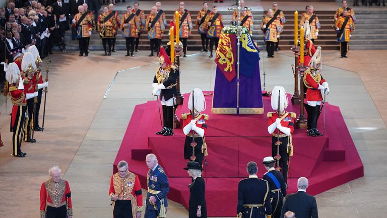 The royal family (bottom, from third left) King Charles III, the Queen Consort, Vice Admiral Sir Tim Laurence , the Princess Royal, and the Duke of York leave as the vigil begins around the coffin of Queen Elizabeth II on the catafalque in Westminster Hall, London, where it will lie in state ahead of her funeral on Monday. Picture date: Wednesday September 14, 2022.