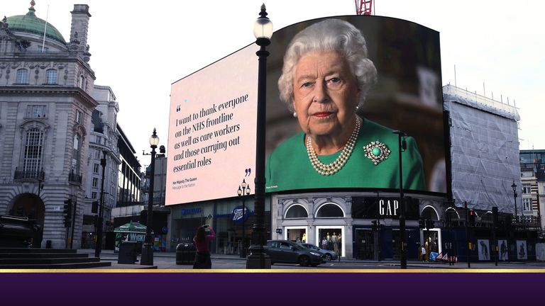 An image of Queen Elizabeth II and quotes from her broadcast on Sunday to the UK and the Commonwealth in relation to the coronavirus epidemic are displayed on lights in London&#39;s Piccadilly Circus.