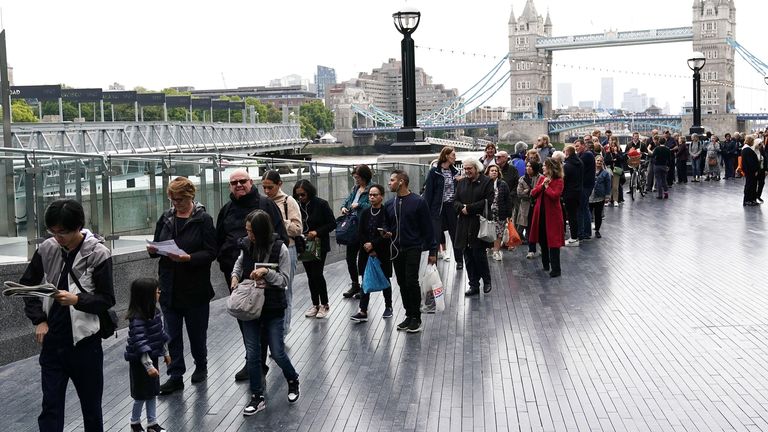 The public waits in long lines on the South Shore near Tower Bridge, London, as they wait to see Queen Elizabeth II lie down in a normal state ahead of her funeral on Monday.  Date taken: Thursday, September 15, 2022.