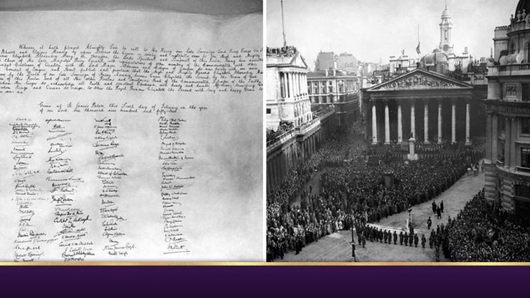 The Queen&#39;s signed accession proclamation (left). Crowds gathered to hear it read at Royal Exchange (right)