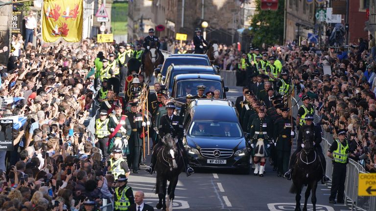 King Charles III and members of the royal family join the procession of Queen Elizabeth's coffin from the Palace of Holyroodhouse to St Giles'  Cathedral, Edinburgh. Picture date: Monday September 12, 2022.
