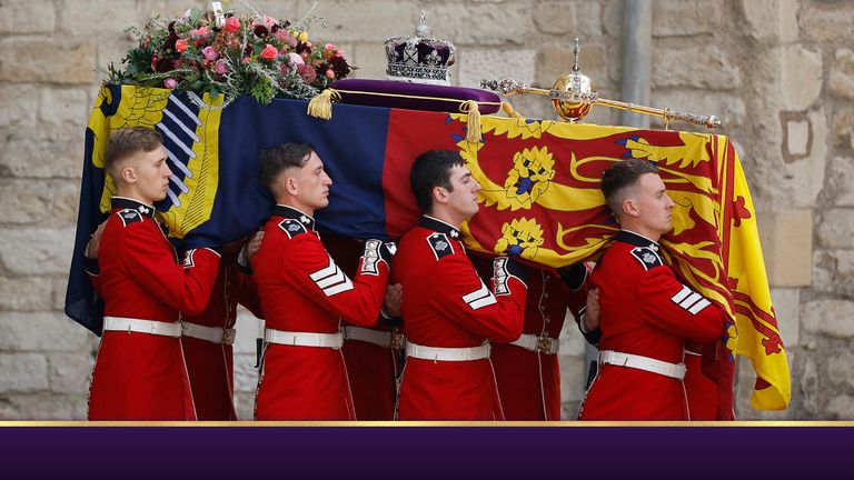 Pall bearers carry the coffin of Britain&#39;s Queen Elizabeth out of Westminster Abbey on the day of the state funeral and burial of Britain&#39;s Queen Elizabeth, in London, Britain, September 19, 2022 REUTERS/John Sibley