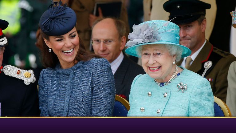 Britain&#39;s Catherine, Duchess of Cambridge (L) laughs as Queen Elizabeth gestures while they watch part of a children&#39;s sports event during a visit to Vernon Park in Nottingham, central England, June 13, 2012. REUTERS/Phil Noble (BRITAIN - Tags: ENTERTAINMENT SOCIETY ROYALS)