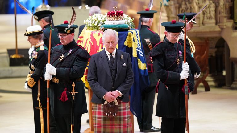King Charles III and other members of the royal family hold a vigil at St Giles' Cathedral, Edinburgh, in honor of Queen Elizabeth II.  Photo date: Monday, September 12, 2022.