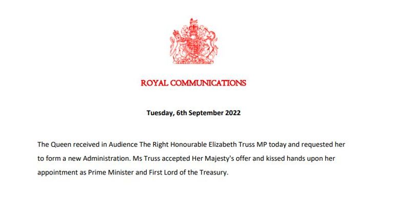 The Royal Household confirmed the appointment of Liz Truss in a statement