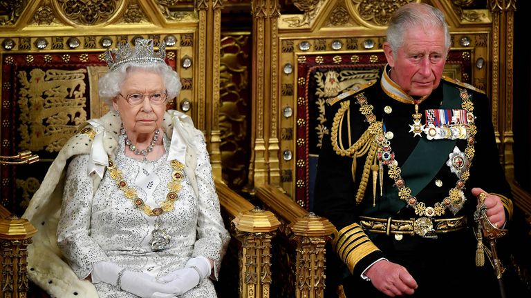 FILE PHOTO: Britain&#39;s Queen Elizabeth and Charles, the Prince of Wales are seen ahead the Queen&#39;s Speech during the State Opening of Parliament in London, Britain October 14, 2019. REUTERS/Toby Melville/Pool/File Photo