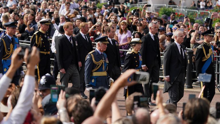 (left to right) The Duke of Wales, The Duke of Sussex, King Charles III, the Princess Roya, the Duke of York and the Earl of Wessex walk behind the coffin of Queen Elizabeth II, draped in the Royal Standard with , the Imperial State Crown placed on t, op,as its carried on a horse-drawn gun carriage of the King&#39;s Troop Royal Horse Artillery, during the ceremonial procession from Buckingham Palace to Westminster Hall, London, where it will lie in state ahead of her funeral on Monday. Picture date: