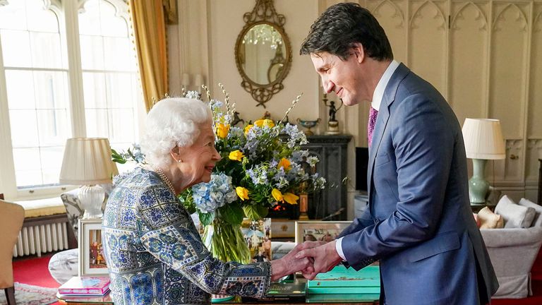 Britain&#39;s Queen Elizabeth II receives Canada&#39;s Prime Minister Justin Trudeau during an audience at Windsor Castle, Windsor, England, Monday March 7, 2022. (Steve Parsons/Pool via AP)
PIC:AP
