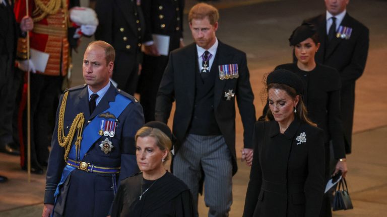 Members of the royal family, Sophie, Countess of Wessex, the Prince and Princess of Wales and the Duke and Duchess of Sussex, walk as Queen Elizabeth II's coffin, draped over the casket The Royal Standard with the Royal Crown placed on her head, arrives at Westminster Hall, London, where it will be left as is ahead of her funeral on Monday.  Date taken: Wednesday, September 14, 2022.