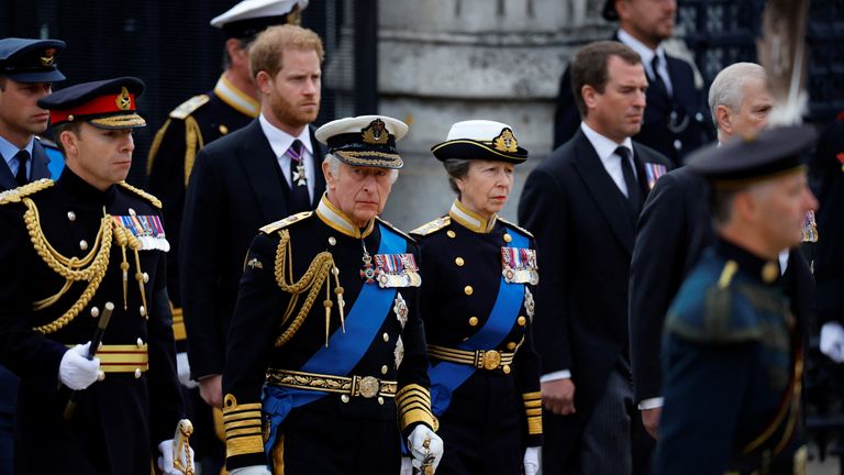 Britain&#39;s King Charles and Britain&#39;s Anne, Princess Royal attend the state funeral and burial of Britain&#39;s Queen Elizabeth, at Parliament Square in London, Britain, September 19, 2022. REUTERS/Sarah Meyssonnier/Pool