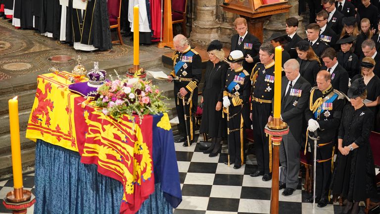 King Charles III, The Queen and members of the Royal Family next to the Queen's casket at Westminster Abbey for the state funeral