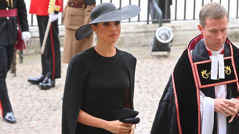The Duchess of Sussex arrives for Queen Elizabeth II's State Funeral, held at Westminster Abbey, London.  Date taken: Monday, September 19, 2022.