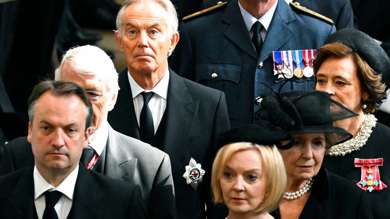 British Prime Minister Liz Truss, her husband Hugh O & # 39;  Leary, former Prime Minister John Major and his wife Norma, former Prime Minister Tony Blair and his wife Cherie Blair depart, after the State Funeral of Queen Elizabeth II, at Westminster Abbey, London Inn, Monday 19 September 2022. The Queen, who died aged 96 on September 8, will be buried in Windsor alongside her late husband, Prince Philip, who passed away last year.  (Gareth Cattermole / Pool photo via AP)
