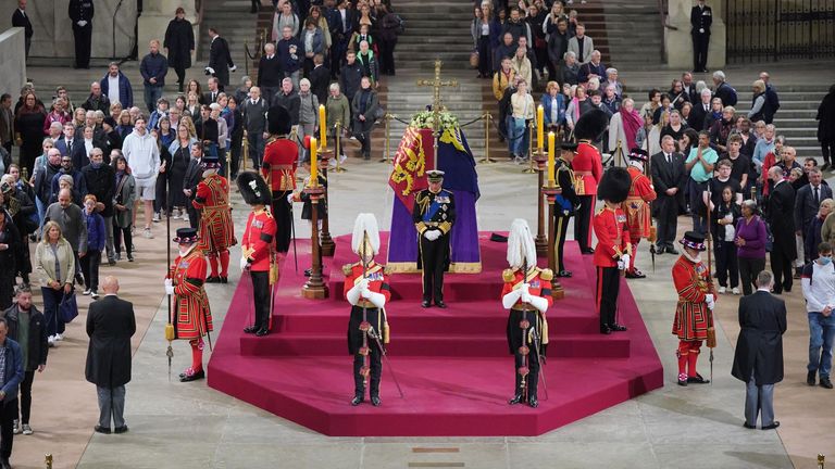 King Charles III, the Princess Royal, the Duke of York and the Earl of Wessex hold a vigil beside the coffin of their mother, Queen Elizabeth II, as it lies in state on the catafalque in Westminster Hall, at the Palace of Westminster, London. Picture date: Friday September 16, 2022.