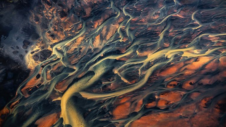 Siena Awards: Drone Photo Awards 2022.
NATURE: Commended Quetzalcoatl by Armand Sarlangue
Aerial capture of the incredible rivers of Iceland. All the patterns and colors get shaped under the water surface, resulting from the layers of sediments in the water itself. The photographer called it Quetzalcoatl from the mystical creature shape he imagined from the complex patterns.

