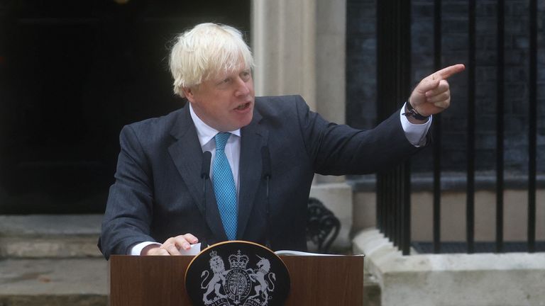 Outgoing British Prime Minister Boris Johnson delivers a speech on his last day in office, outside Downing Street, in London Britain September 6, 2022. REUTERS/Hannah McKay
